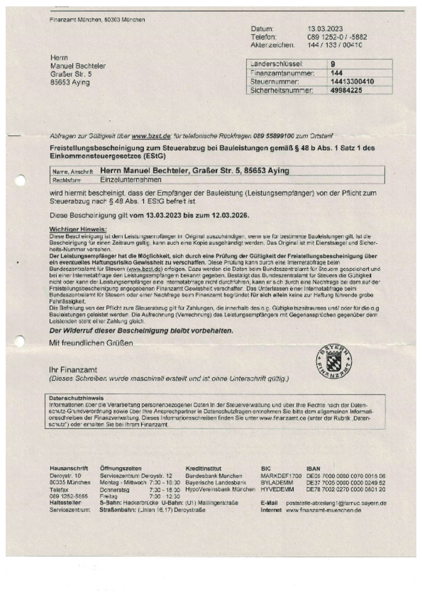 Freistellungsbescheinigung bei Bechteler Elektrotechnik GmbH in Aying